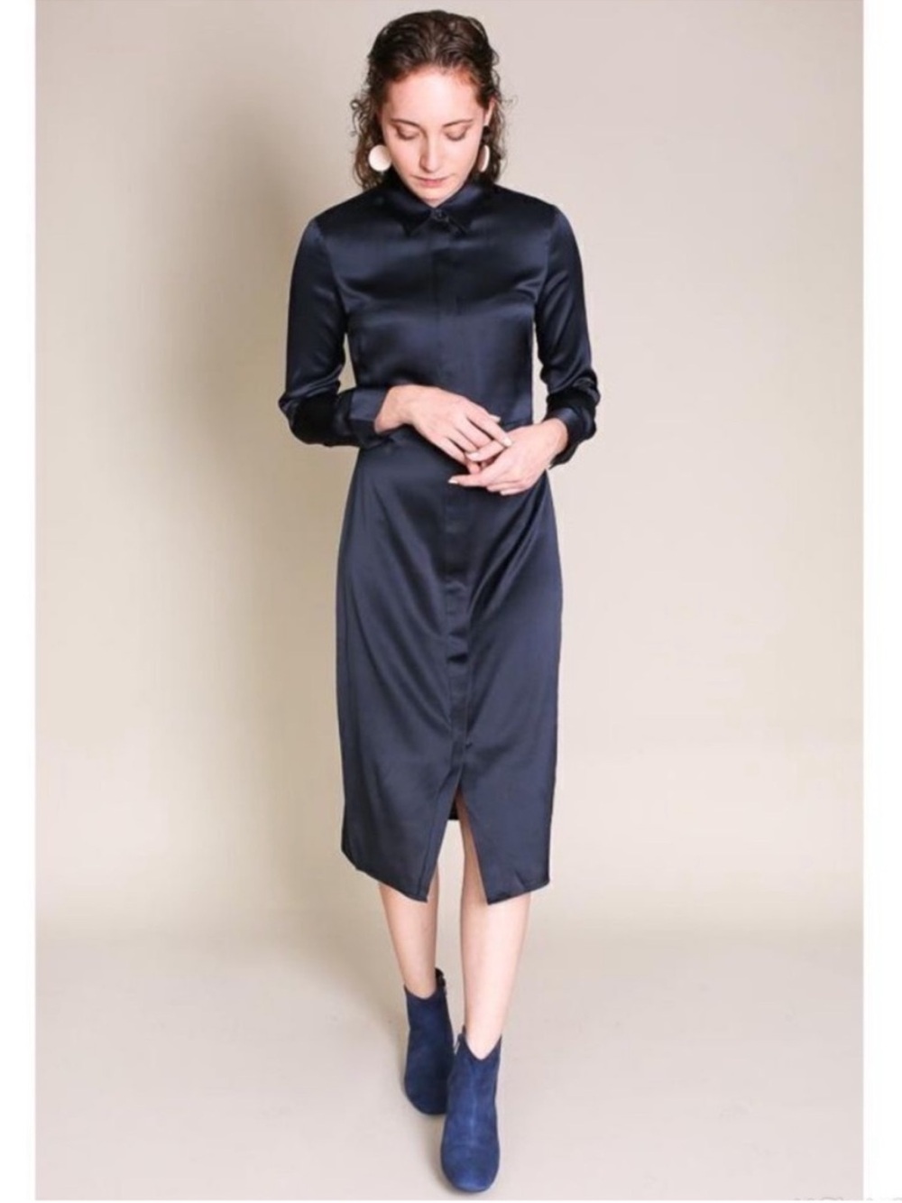 Jenni Kayne 100% Silk Satin Shirt Dress Midi Black